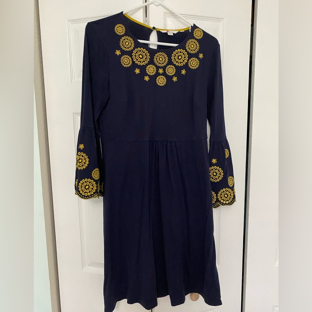 Boden embroidered dress with bell sleeves